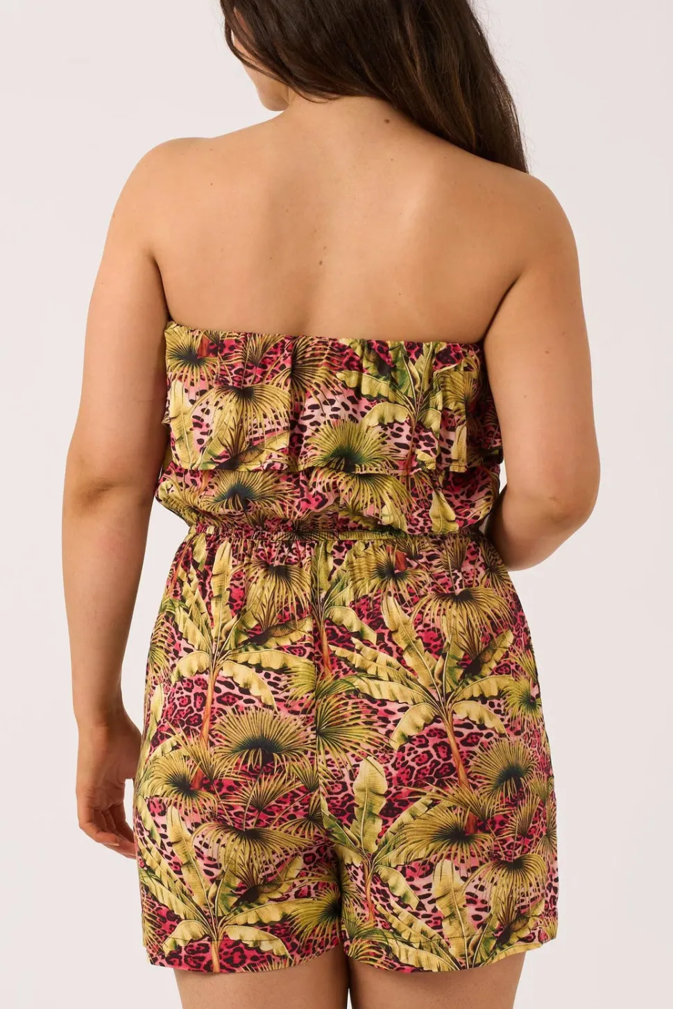 Sustainable Viscose Frill Playsuit - Pink Tropical Leopard