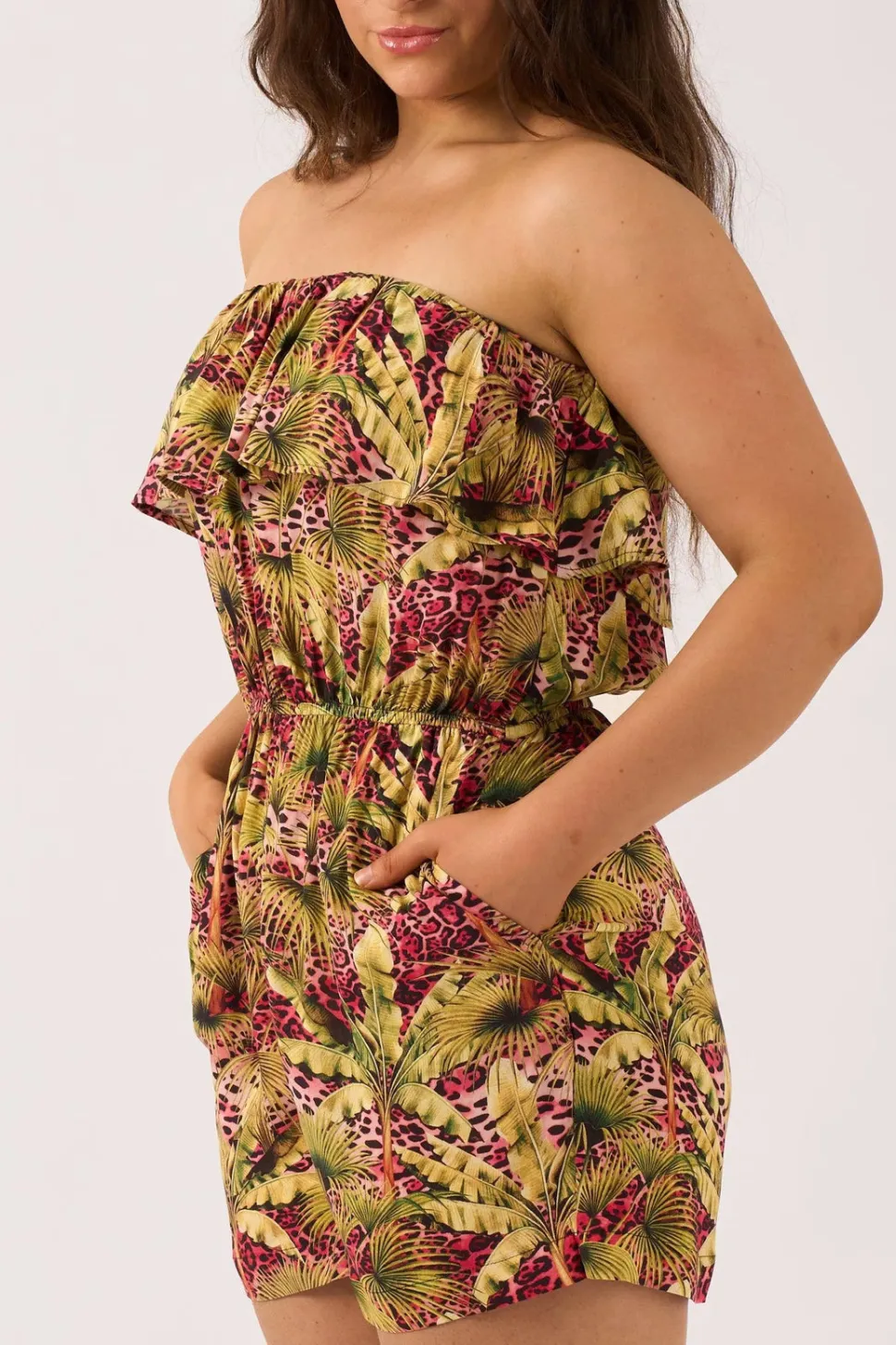 Sustainable Viscose Frill Playsuit - Pink Tropical Leopard
