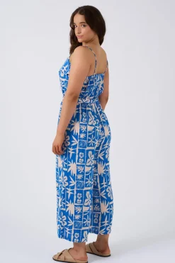 Sustainable Viscose Frill Jumpsuit - Blue Tiki