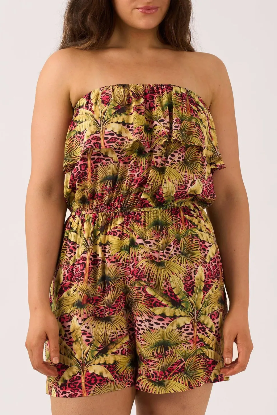 Sustainable Viscose Frill Playsuit - Pink Tropical Leopard