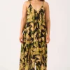 Sustainable Viscose Hanky Hem Dress - Black Tropical Leaf