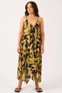 Sustainable Viscose Hanky Hem Dress - Black Tropical Leaf