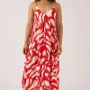 Sustainable Viscose Hanky Hem Dress - Red Geo Waves
