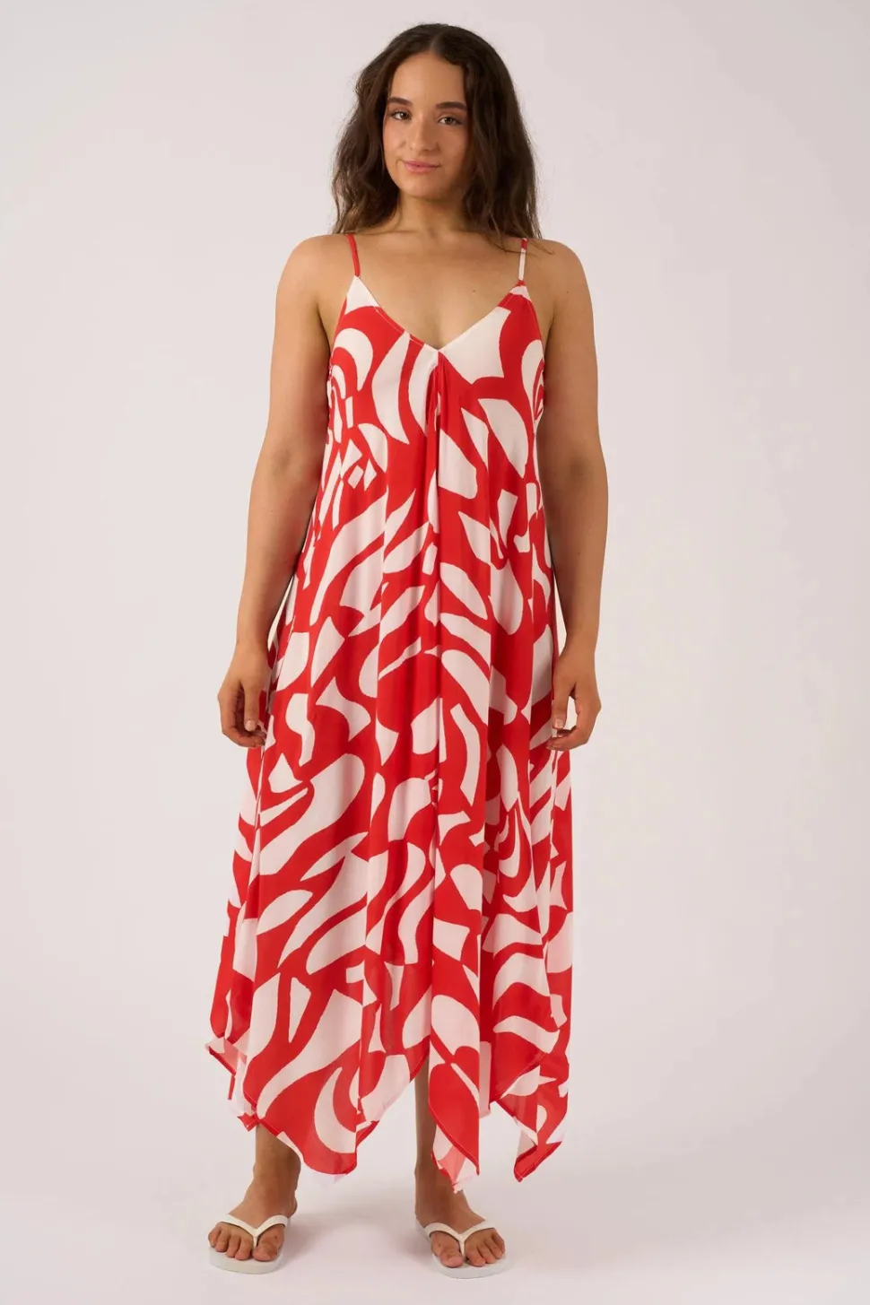 Sustainable Viscose Hanky Hem Dress - Red Geo Waves