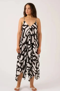 Sustainable Viscose Hanky Hem Dress - Black Geo Waves