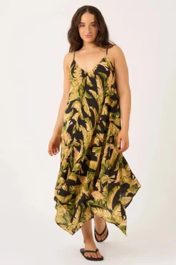 Sustainable Viscose Hanky Hem Dress - Black Tropical Leaf