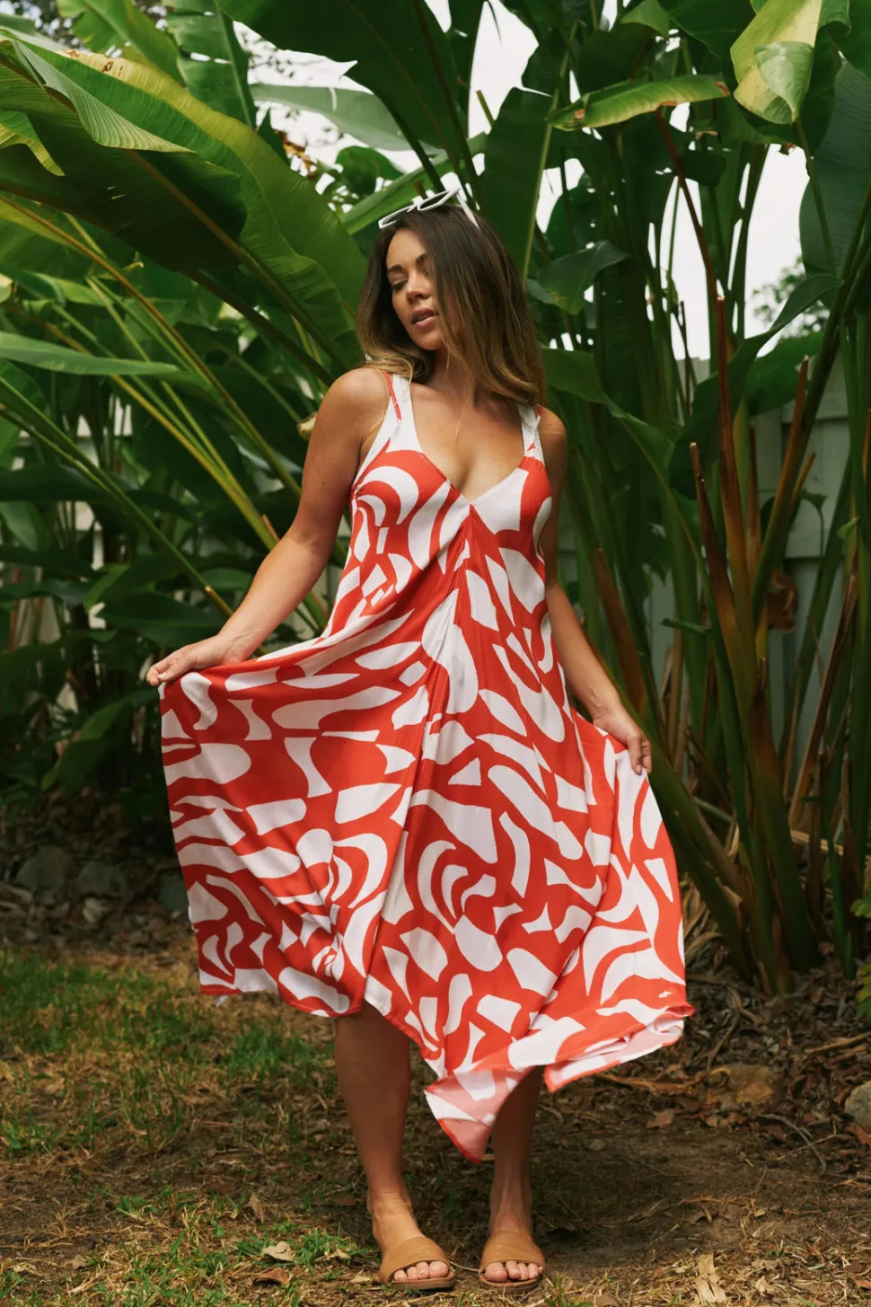 Sustainable Viscose Hanky Hem Dress - Red Geo Waves