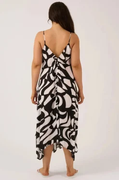 Sustainable Viscose Hanky Hem Dress - Black Geo Waves