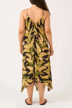 Sustainable Viscose Hanky Hem Dress - Black Tropical Leaf