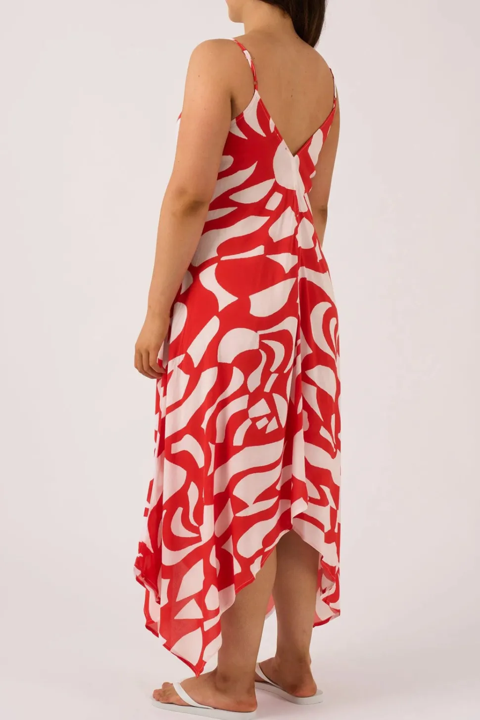 Sustainable Viscose Hanky Hem Dress - Red Geo Waves