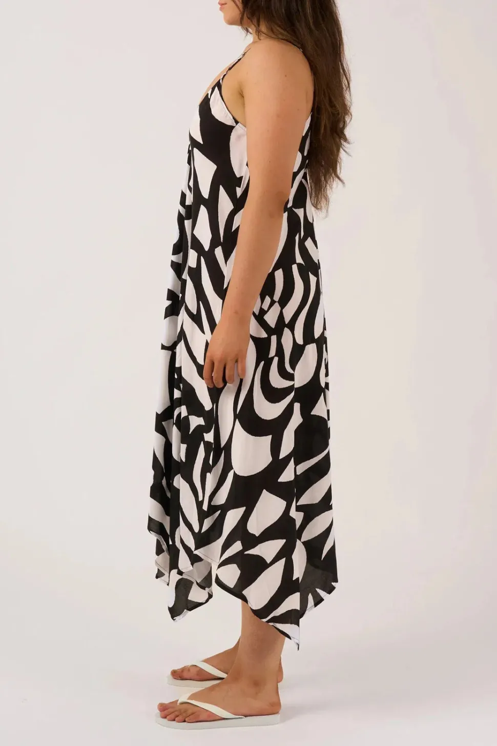 Sustainable Viscose Hanky Hem Dress - Black Geo Waves