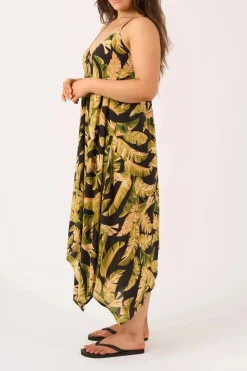 Sustainable Viscose Hanky Hem Dress - Black Tropical Leaf