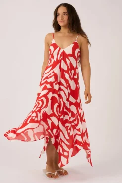 Sustainable Viscose Hanky Hem Dress - Red Geo Waves