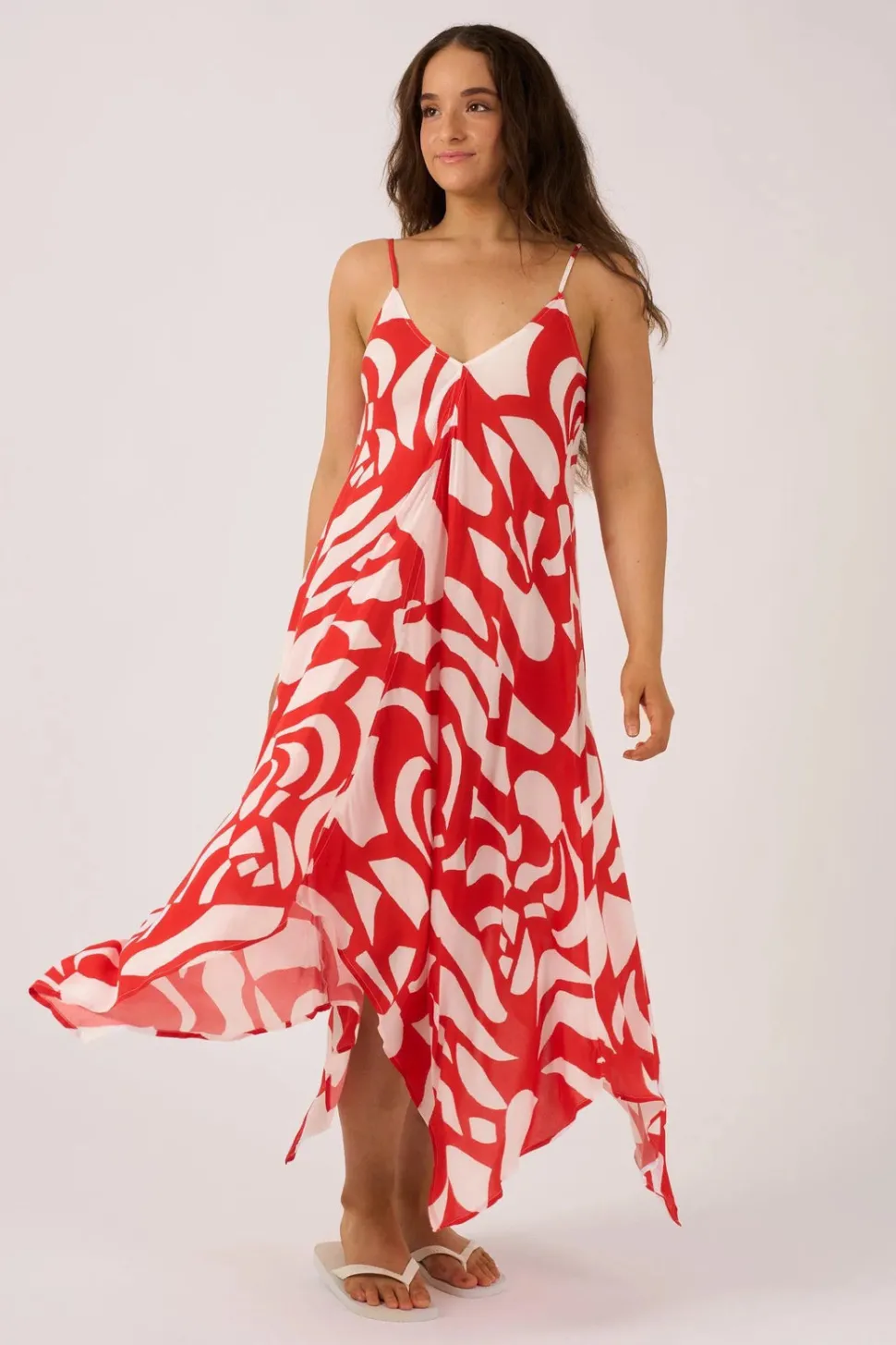 Sustainable Viscose Hanky Hem Dress - Red Geo Waves