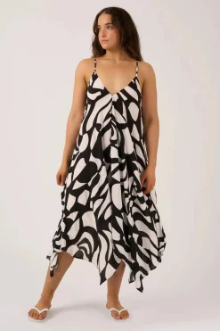Sustainable Viscose Hanky Hem Dress - Black Geo Waves