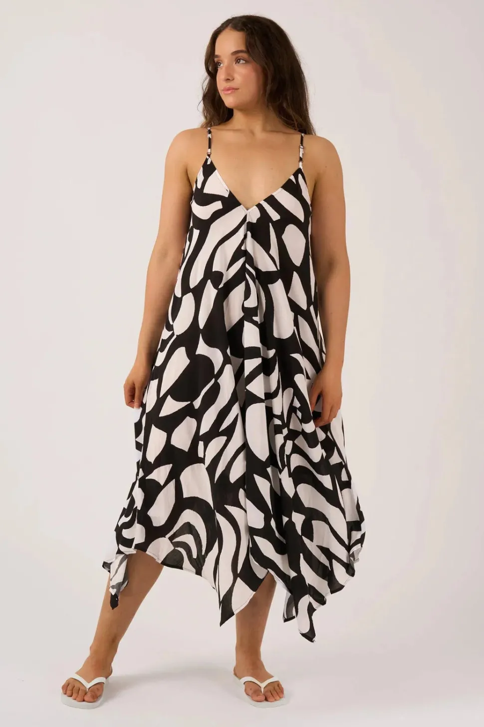 Sustainable Viscose Hanky Hem Dress - Black Geo Waves