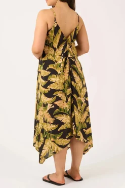 Sustainable Viscose Hanky Hem Dress - Black Tropical Leaf