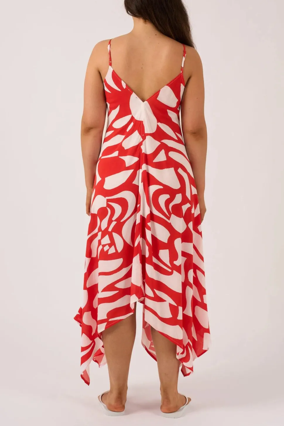 Sustainable Viscose Hanky Hem Dress - Red Geo Waves