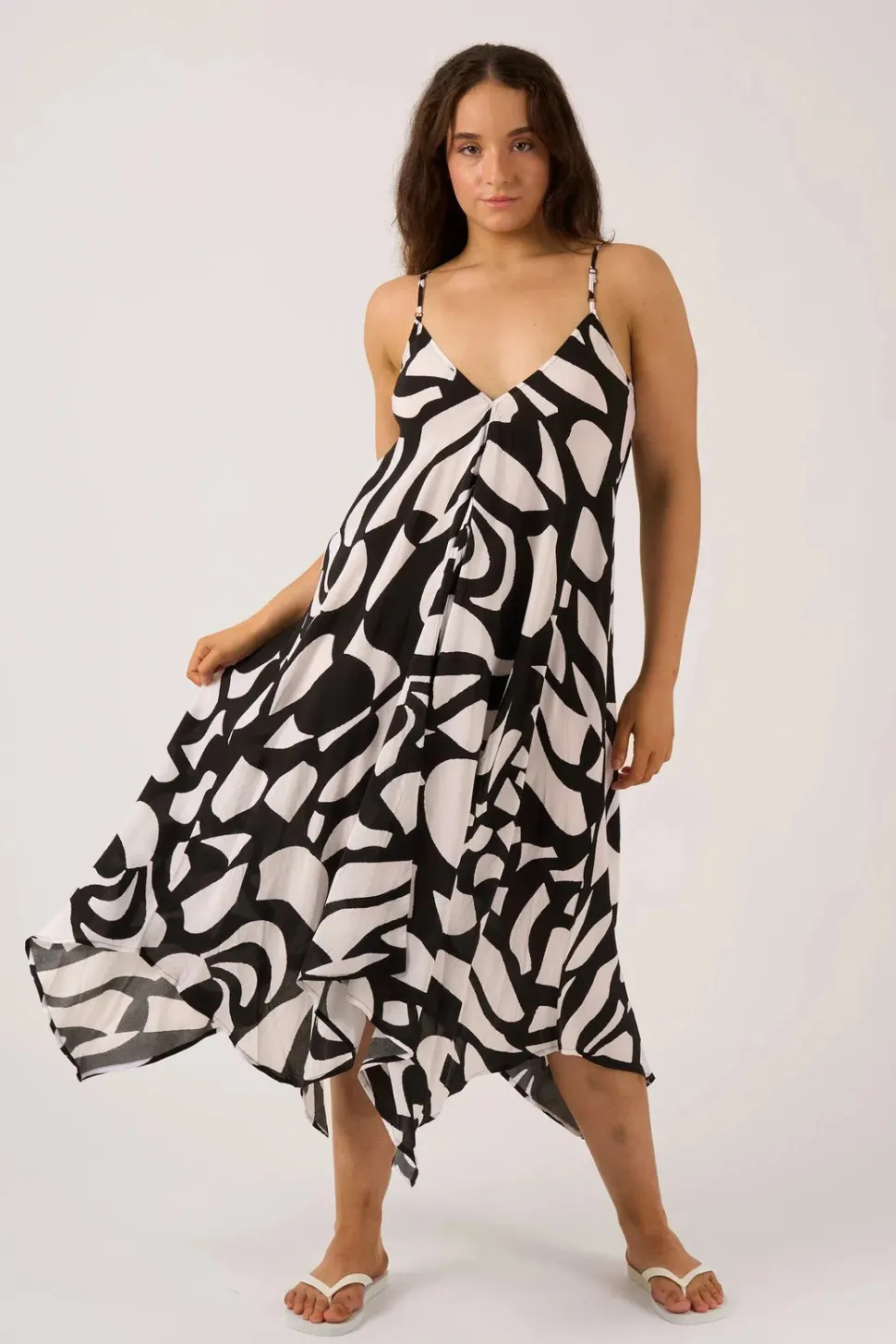 Sustainable Viscose Hanky Hem Dress - Black Geo Waves