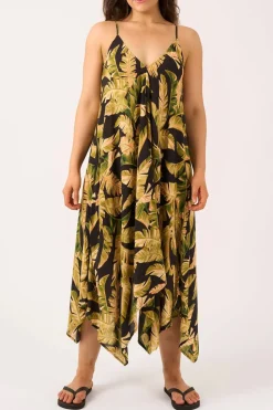 Sustainable Viscose Hanky Hem Dress - Black Tropical Leaf