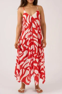 Sustainable Viscose Hanky Hem Dress - Red Geo Waves