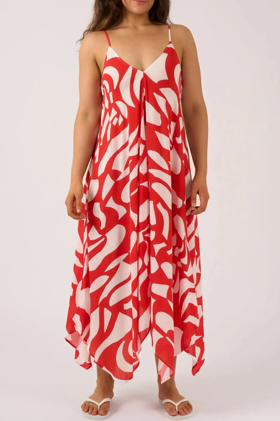 Sustainable Viscose Hanky Hem Dress - Red Geo Waves