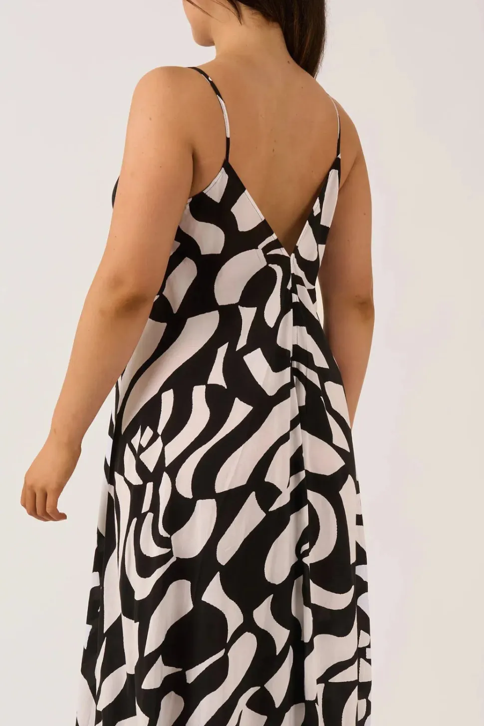 Sustainable Viscose Hanky Hem Dress - Black Geo Waves