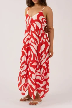 Sustainable Viscose Hanky Hem Dress - Red Geo Waves