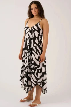 Sustainable Viscose Hanky Hem Dress - Black Geo Waves