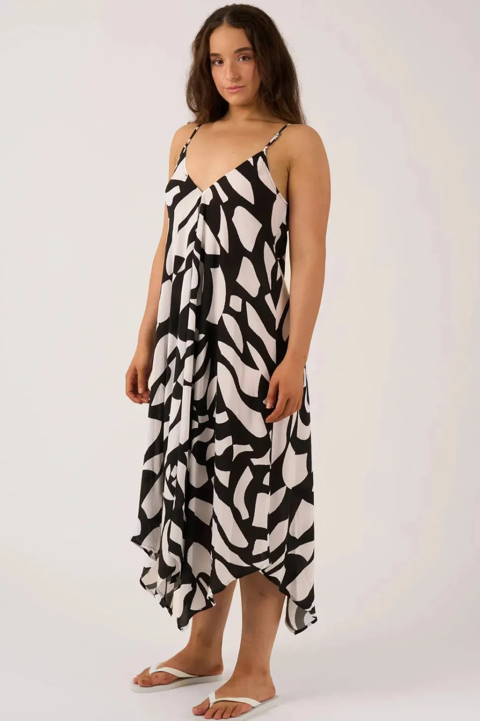Sustainable Viscose Hanky Hem Dress - Black Geo Waves