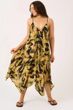 Sustainable Viscose Hanky Hem Dress - Black Tropical Leaf