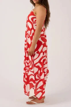 Sustainable Viscose Hanky Hem Dress - Red Geo Waves