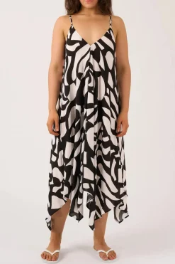 Sustainable Viscose Hanky Hem Dress - Black Geo Waves