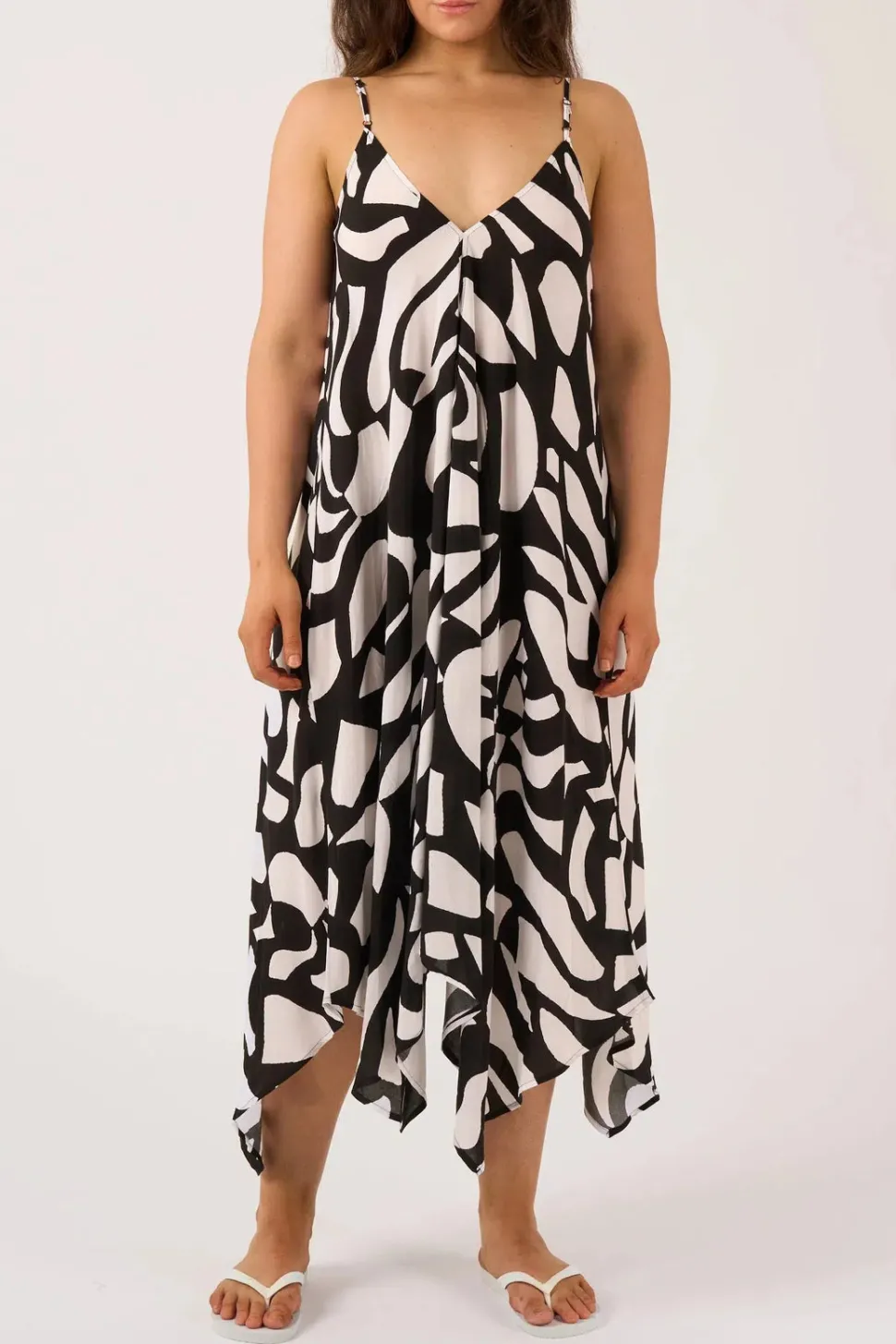 Sustainable Viscose Hanky Hem Dress - Black Geo Waves