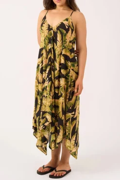 Sustainable Viscose Hanky Hem Dress - Black Tropical Leaf