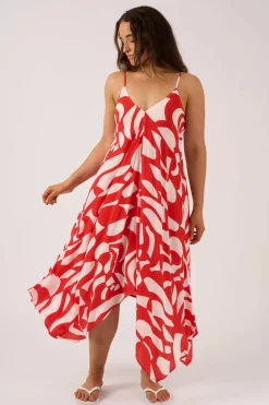 Sustainable Viscose Hanky Hem Dress - Red Geo Waves