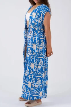 Sustainable Viscose Maxi Kimono - Blue Tiki