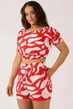Sustainable Viscose Pull On Short - Red Geo Waves