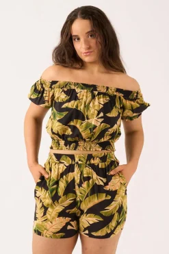 Sustainable Viscose Pull On Short - Black Tropical Leaf