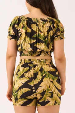 Sustainable Viscose Pull On Short - Black Tropical Leaf