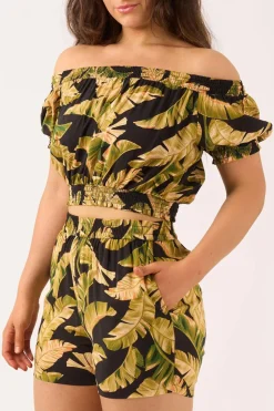 Sustainable Viscose Pull On Short - Black Tropical Leaf