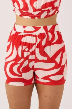 Sustainable Viscose Pull On Short - Red Geo Waves
