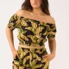 Sustainable Viscose Shirred Bardot Crop Top - Black Tropical Leaf