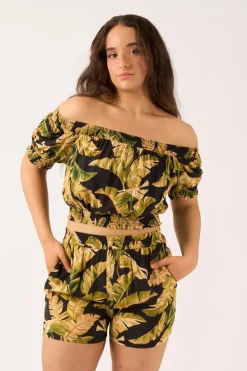 Sustainable Viscose Shirred Bardot Crop Top - Black Tropical Leaf