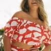 Sustainable Viscose Shirred Bardot Crop Top - Red Geo Waves