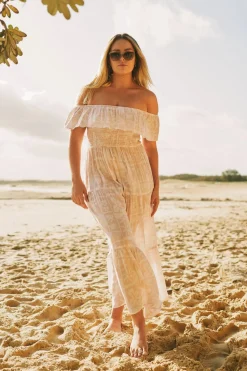 Sustainable Viscose Shirred Ruffle Maxi Dress - Nude Tiki