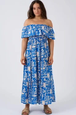 Sustainable Viscose Shirred Ruffle Maxi Dress - Blue Tiki