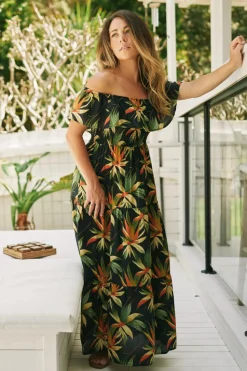 Sustainable Viscose Shirred Ruffle Maxi Dress - Black Tropico