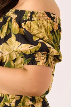 Sustainable Viscose Shirred Bardot Crop Top - Black Tropical Leaf