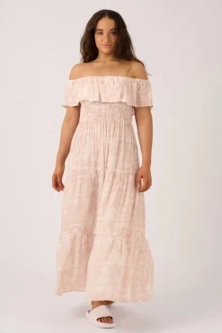 Sustainable Viscose Shirred Ruffle Maxi Dress - Nude Tiki